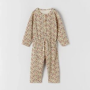 Zara Floral Jumpsuit | Floral Print Waffle Knit Jumpsuit Ecru Toddler Size 4-5Y